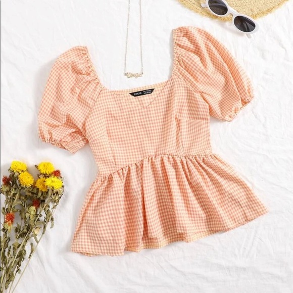 Shein Apricot Gingham Puff Sleeve Peplum Top - Picture 3 of 16